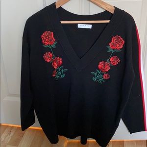 Sandro black sweater with embroidered roses